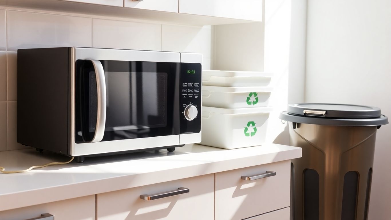 Unplugged microwave oven with recycling and trash bins. Unplugged microwave oven with recycling and trash bins.