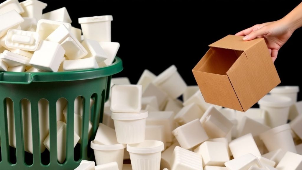 Styrofoam waste and sustainable packaging alternatives.
