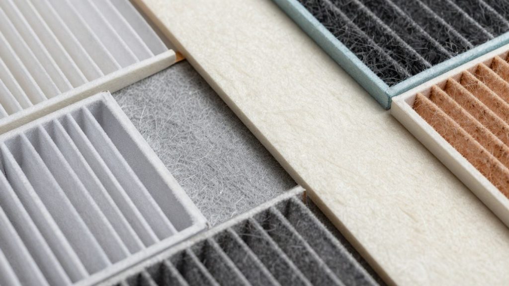 Close up of various furnace filters with different materials.