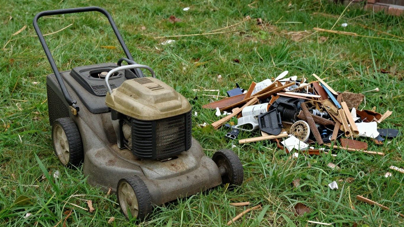 Old lawn mower ready for disposal on a lawn.