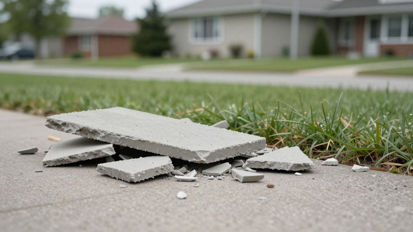 Broken concrete pieces beside a residential walkway