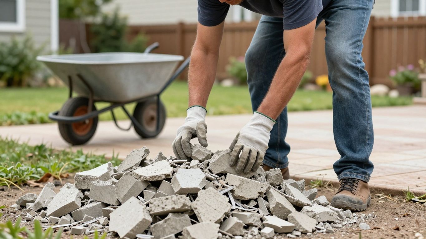 Homeowner sorting concrete rubble into a neat pile